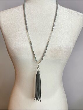 Gray Beaded Tassel Necklace